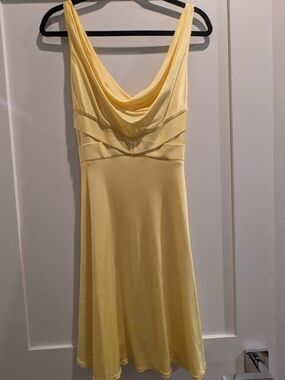 David Meister Early 2000s Butter Yellow Cowl Neck A-Line Dress Size 8